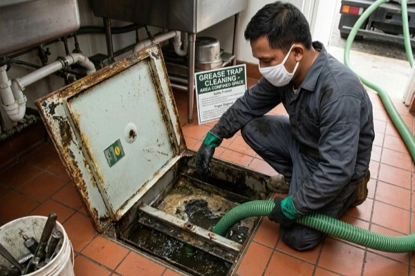 A professional technician in a grey uniform, face mask, and heavy-duty gloves performing grease trap cleaning in a commercial kitchen in Dumaguete. He is using a specialized green suction hose to pump out an open floor grease trap, with a safety sign and service truck visible in the background.
