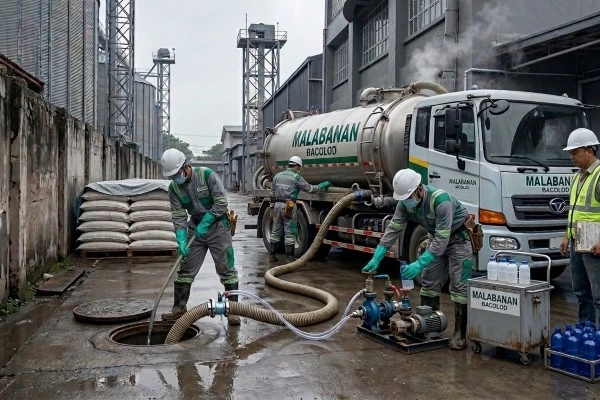Malabanan Bacolod crew performing industrial factory waste siphoning and mud removal using heavy-duty pumping equipment.