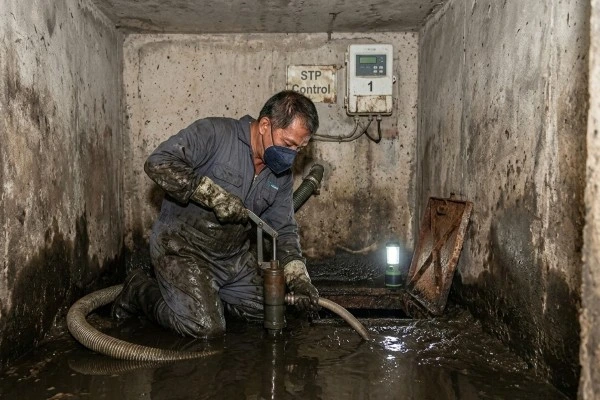 Professional Sewage Treatment Plant (STP) cleaning and maintenance services by Malabanan Bacolod. Our team in Negros Occidental provides expert industrial wastewater management using specialized safety equipment and protocols.