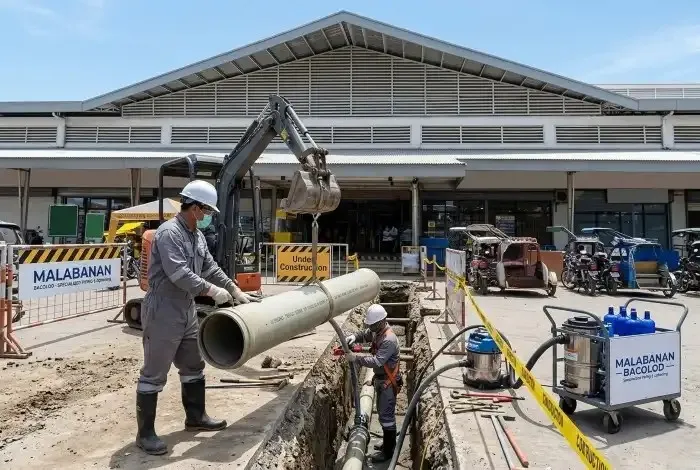 Malabanan Bacolod crew installing mainline cement sewer pipes at a housing subdivision project.