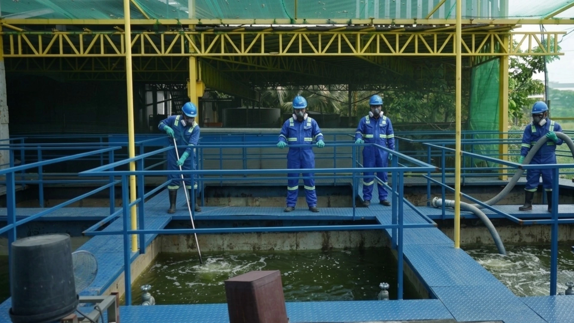 Maintenance crew in blue uniforms, respirations, and safety gear working on a large rectangular industrial tank. The scene shows high-pressure water agitation and manual cleaning on a structured blue metal platform under a covered facility. Malabanan Siphoning Bacolod - Maintenance crew cleaning industrial tank in Sum-ag.