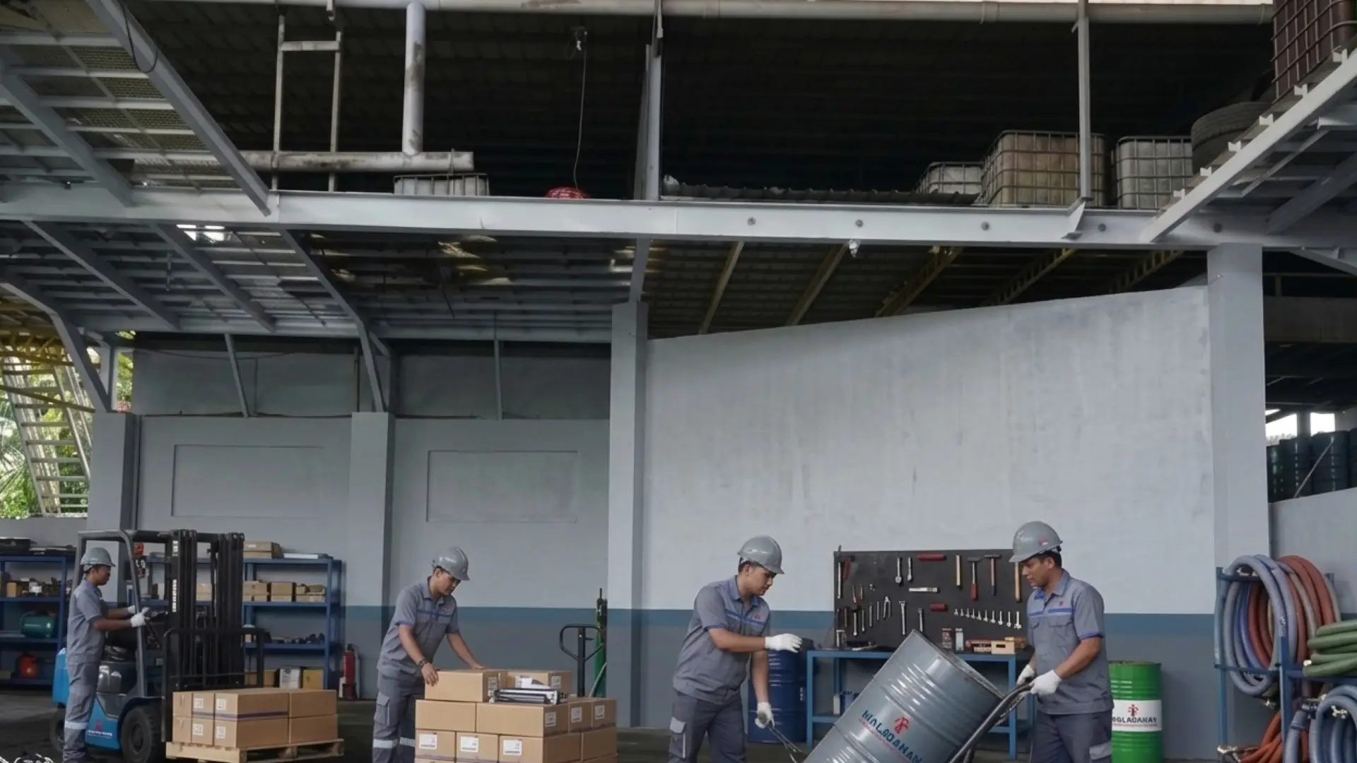 A team of four industrial professionals working in a clean, organized warehouse. The scene shows a worker operating a forklift with a pallet of boxes, others organizing cardboard inventory, and two workers using a drum truck to safely transport a large metal barrel near a tool organization station located in Malabanan Cebu City Habwa Poso Negro & Declogging Services
