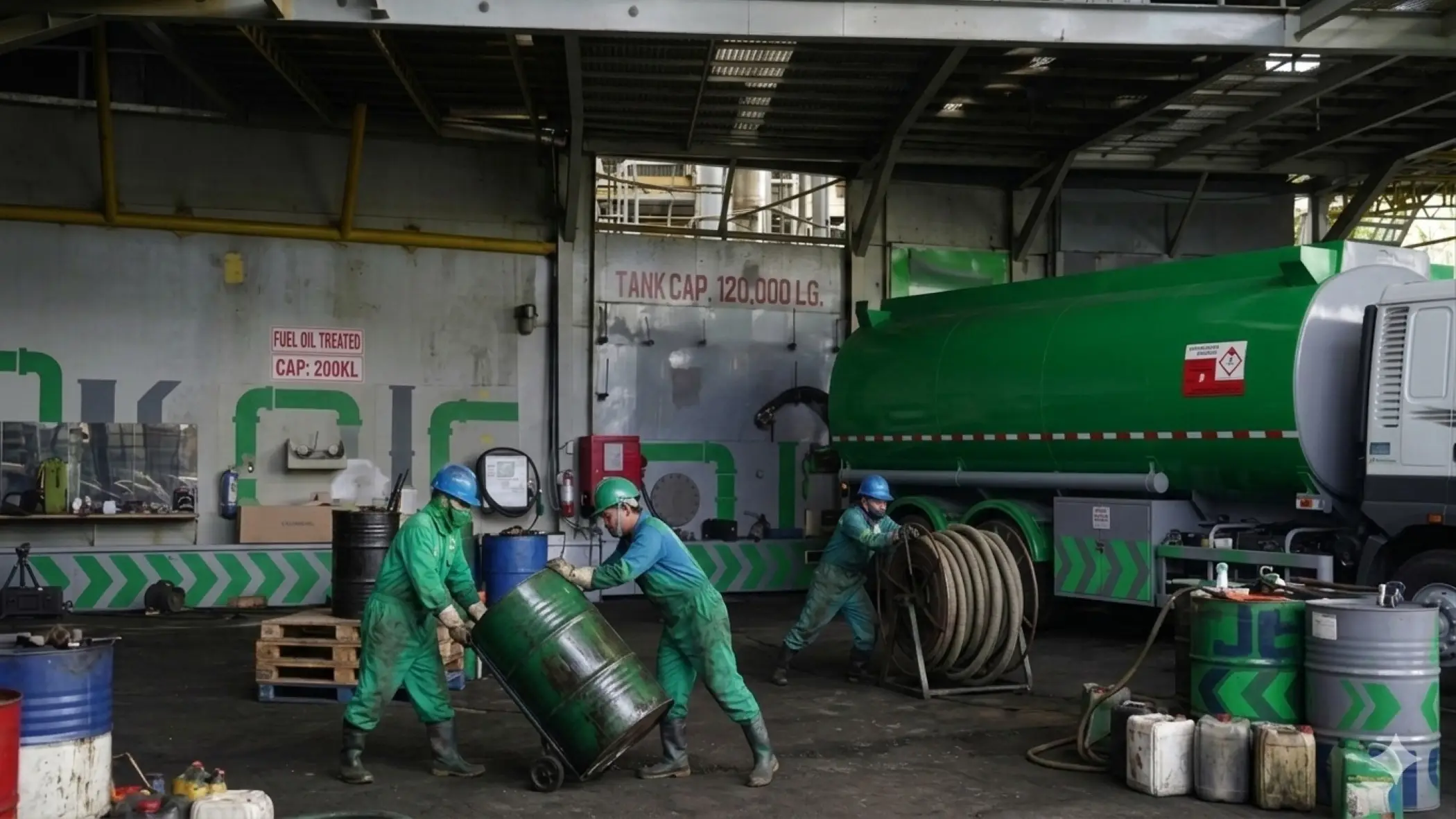 A team of industrial workers in green and blue safety jumpsuits and hard hats managing waste barrels and equipment in a facility. Two workers are tilting a large metal drum onto a dolly, while a third worker manages a heavy-duty hose reel next to a large green tanker truck the whole station is located in Ilo-Ilo Malabanan Siphoning Services