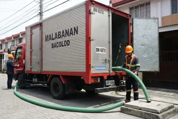 A Malabanan siphoning truck and worker cleaning a residential 3-chamber septic tank.