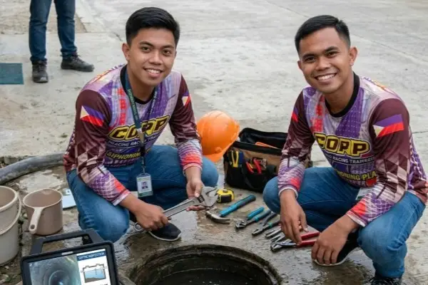 Professional siphoning and septic tank inspection services in Dumaguete. The image shows a local team with a digital diagnostic screen and professional plumbing tools, highlighting high-quality waste management and plumbing solutions in the Central Visayas region.
