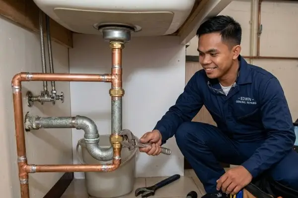 Residential plumbing repair service showing a technician fixing a sink drain and copper pipe installation. This close-up highlights professional craftsmanship and high-quality plumbing maintenance in a home kitchen. A worker of Visayas Malabanan Negros Occidental, Bacolod City, Sum-ag