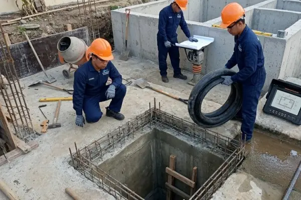 Professional STP system installation and industrial plumbing construction. Technicians are shown on-site managing reinforced concrete tank builds, reviewing engineering plans, and utilizing specialized diagnostic equipment for a large-scale waste management project. A worker of Visayas Malabanan Negros Occidental, Bacolod City, Sum-ag